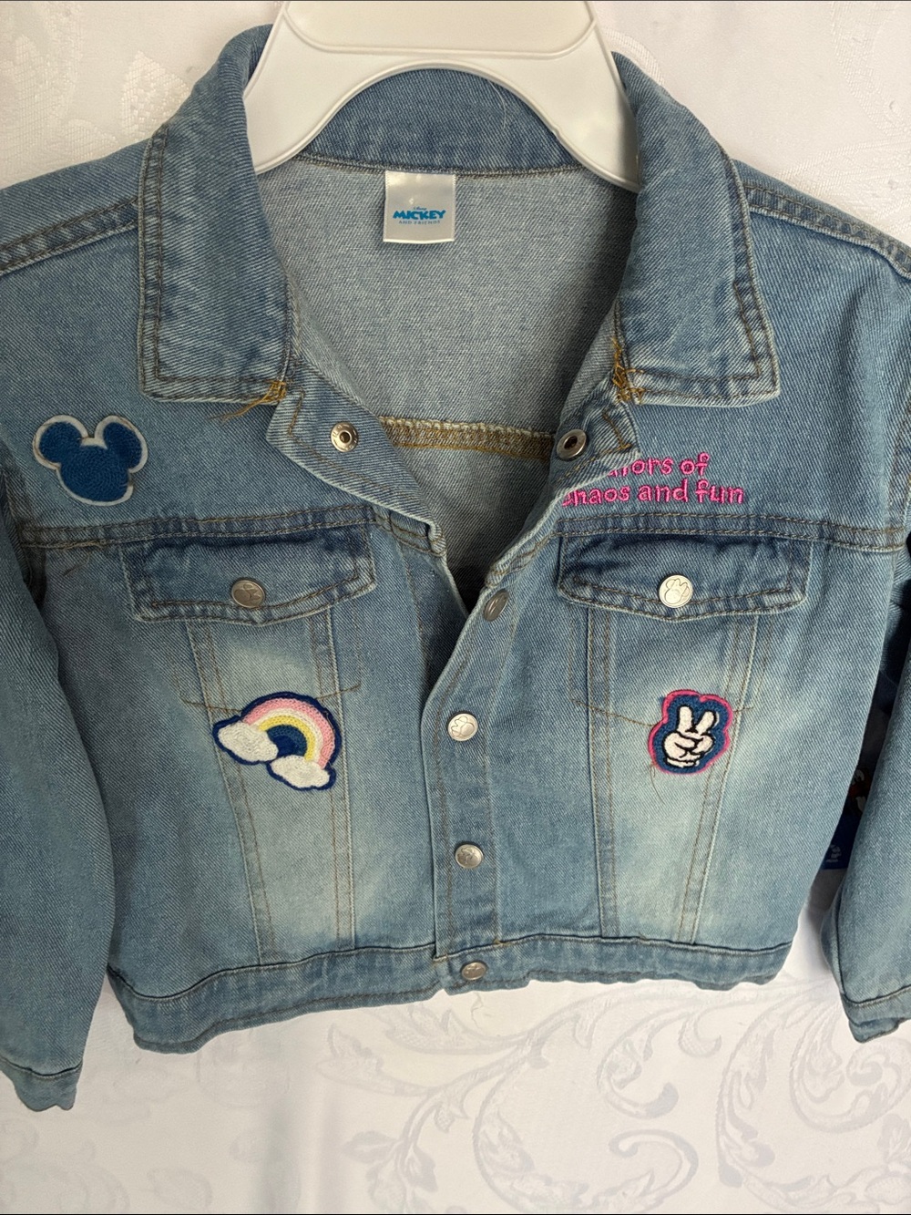Disney Light Blue Denim Jacket with Rainbow & Mickey Patches